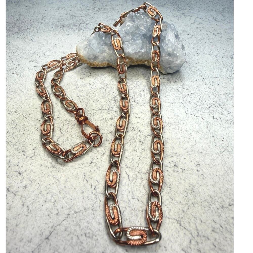 Copper and silvertone two tone Greek key link chain necklace unisex